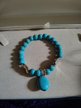 Boho Turquoise Beaded Stretch Bracelet with Silver Accents